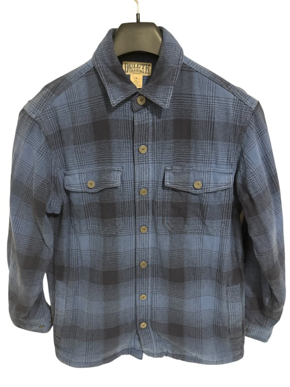 Duluth Trading Flannel Shirt Jacket Mens Small Blue Fleece Lined Shacket